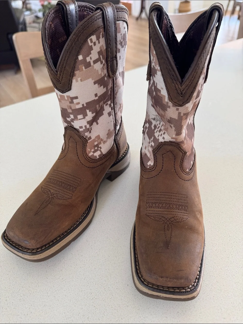 Durango Brown Leather Square-Toe Camo Shaft Western Boots
